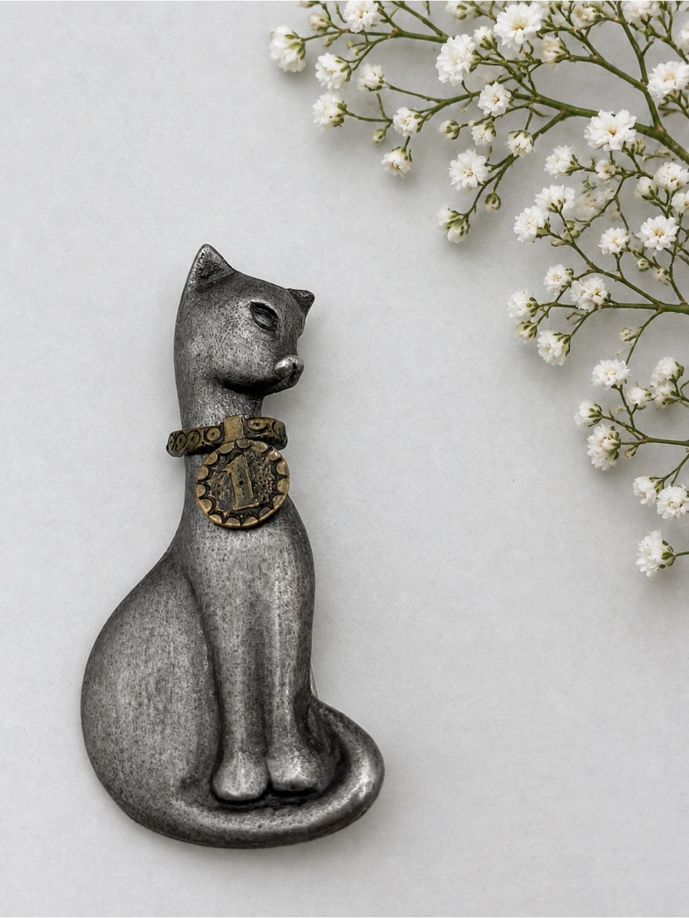 Vintage Pewter Sitting Cat Brooch Number One #1 Medal Collar Pin